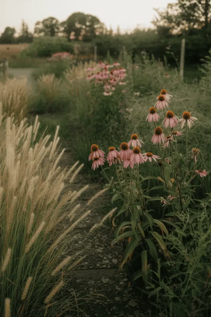 quiet garden path lined with native flowers and grasses glowing in warm evening light