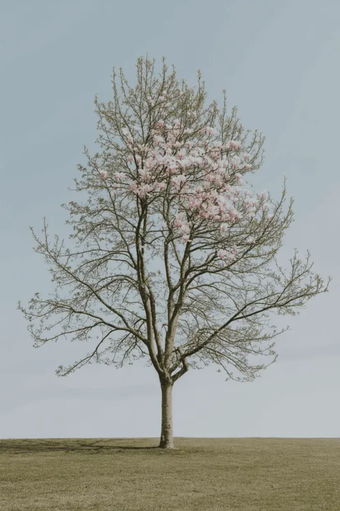Single magnolia tree standing as a focal point in an open landscape, strong silhouette, balanced composition, early spring atmosphere, timeless garden design photography, photorealistic, no people, no text, no logos