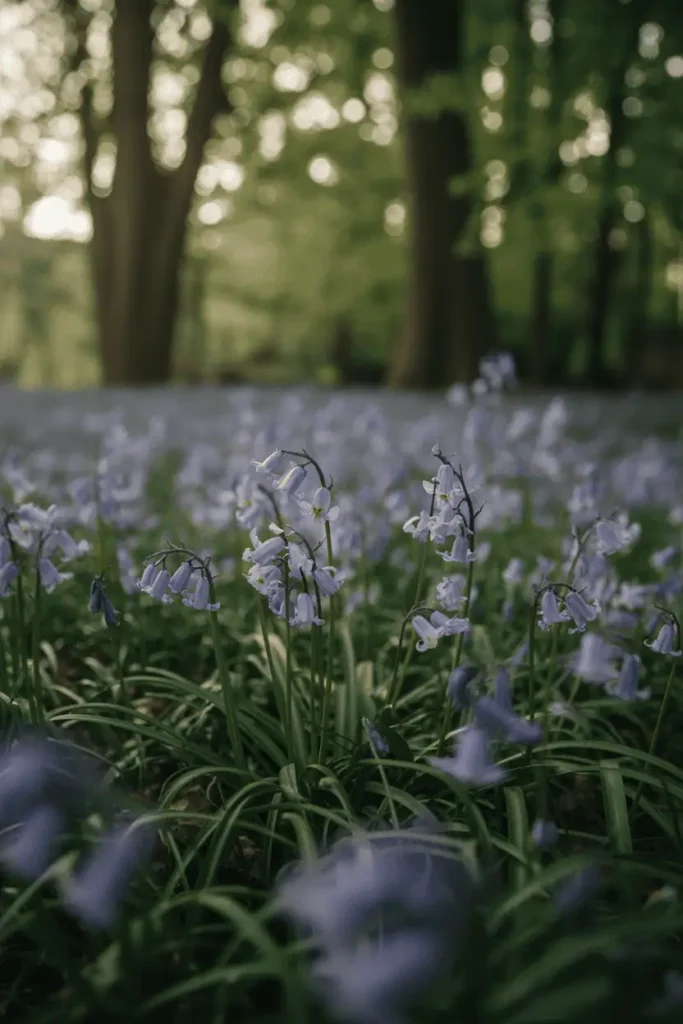 Bluebell flowers carpeting woodland garden floor, soft blue and purple tones, filtered sunlight through trees, dreamy realistic photography, no people, no text
