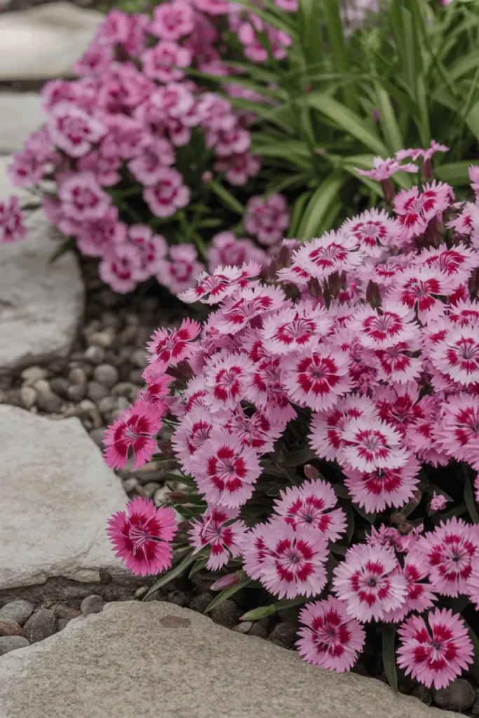 Fringed hot-pink dianthus flowers with serrated petals edging a stone pathway, spicy clove scent implied, compact mounds in full sun rock garden, classic cottage romance, square composition, crisp detailed textures.