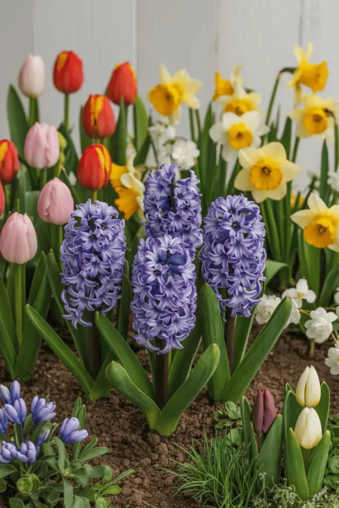 Hyacinths planted alongside tulips and daffodils in a spring flower bed, balanced spacing, soft color harmony, natural daylight, realistic editorial garden photography, photorealistic, no people, no text, no logos