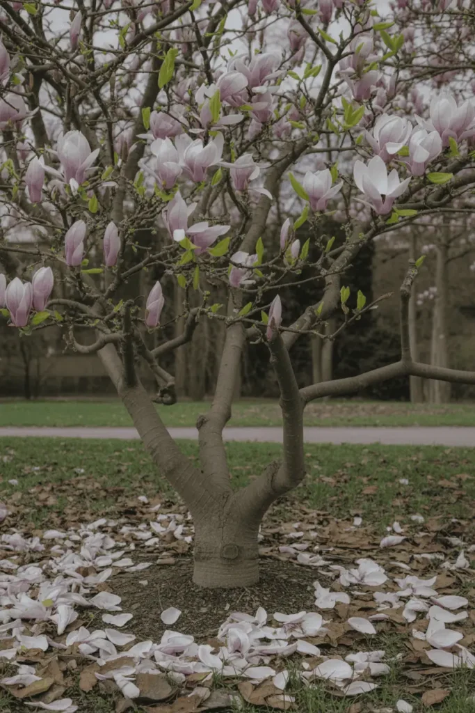 Magnolia tree after flowering, fallen petals on the ground, emerging green leaves, quiet transitional spring mood, soft natural light, reflective editorial photography, photorealistic, no people, no text, no logos