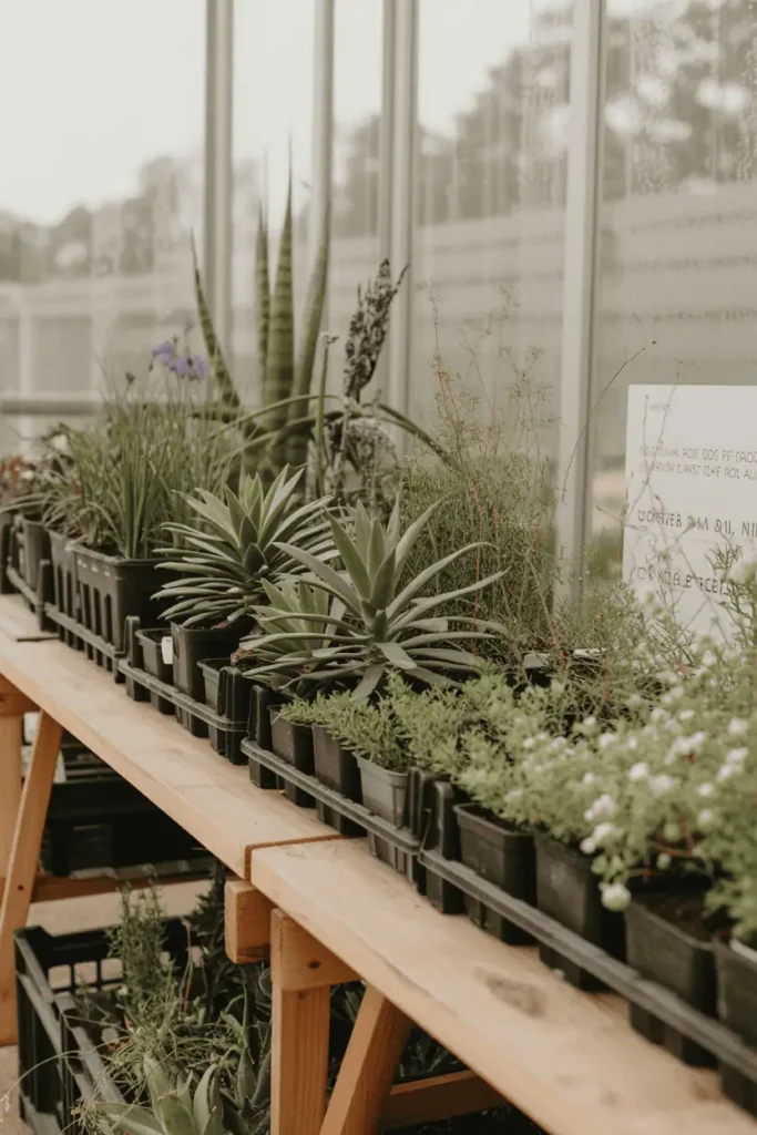 native plants in pots arranged on wooden table under bright soft daylight with natural textures visible