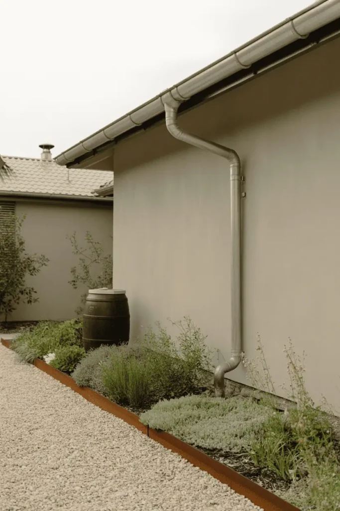 pea gravel path bordered by steel edging, raised berm with drought tolerant plants, rain barrel near downspout, soft neutral palette, functional and beautiful waterwise landscape, realistic outdoor photography