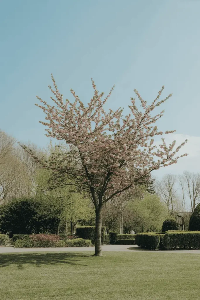 Single cherry blossom tree standing as the focal point of a minimalist garden, balanced composition, natural textures, peaceful spring atmosphere, photorealistic landscape photography, no people, no text, no logos