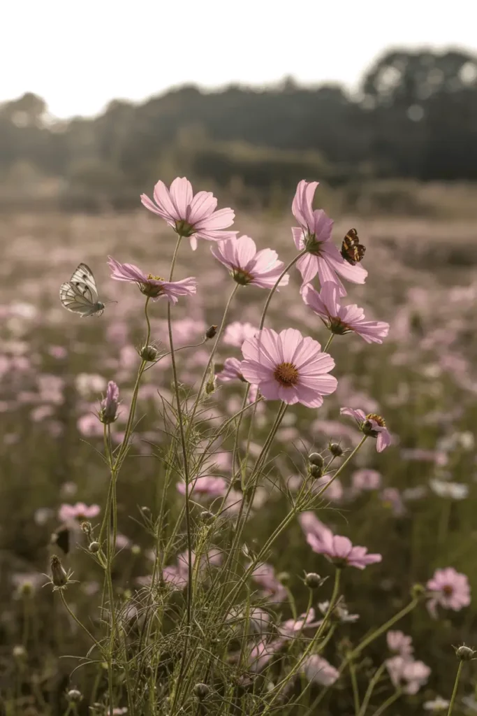 Airy dancing pink cosmos daisies on slender stems in wild meadow garden, butterflies visiting blooms, golden hour backlighting petals, carefree romantic freedom, wide landscape view, 16:9, soft painterly realism.