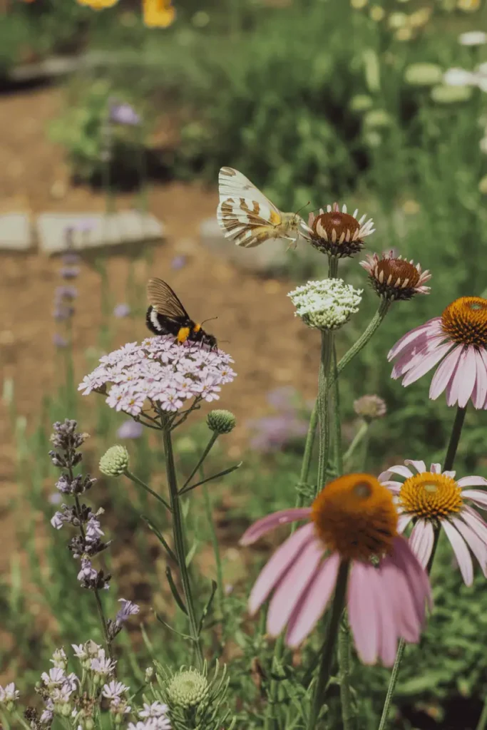 butterflies and bees visiting yarrow, lavender, and coneflowers in a sunny drought tolerant garden, layered planting heights, soft background blur, warm light, tranquil pollinator-friendly garden atmosphere