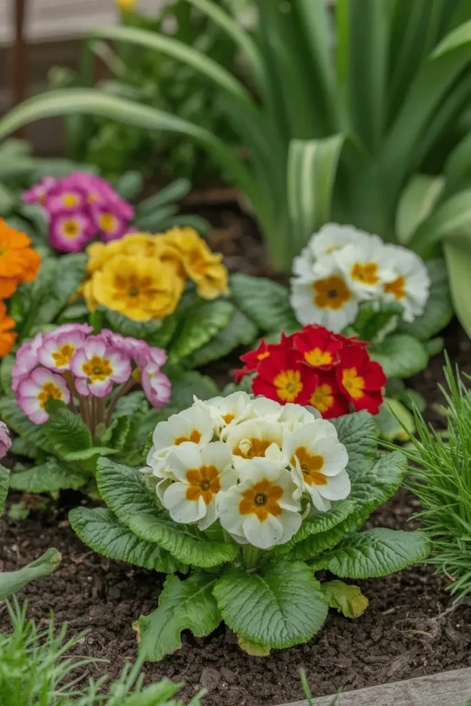 Primrose flowers blooming in spring garden border, vibrant mixed colors, lush green foliage, natural daylight, realistic close-up garden photography, no people, no text
