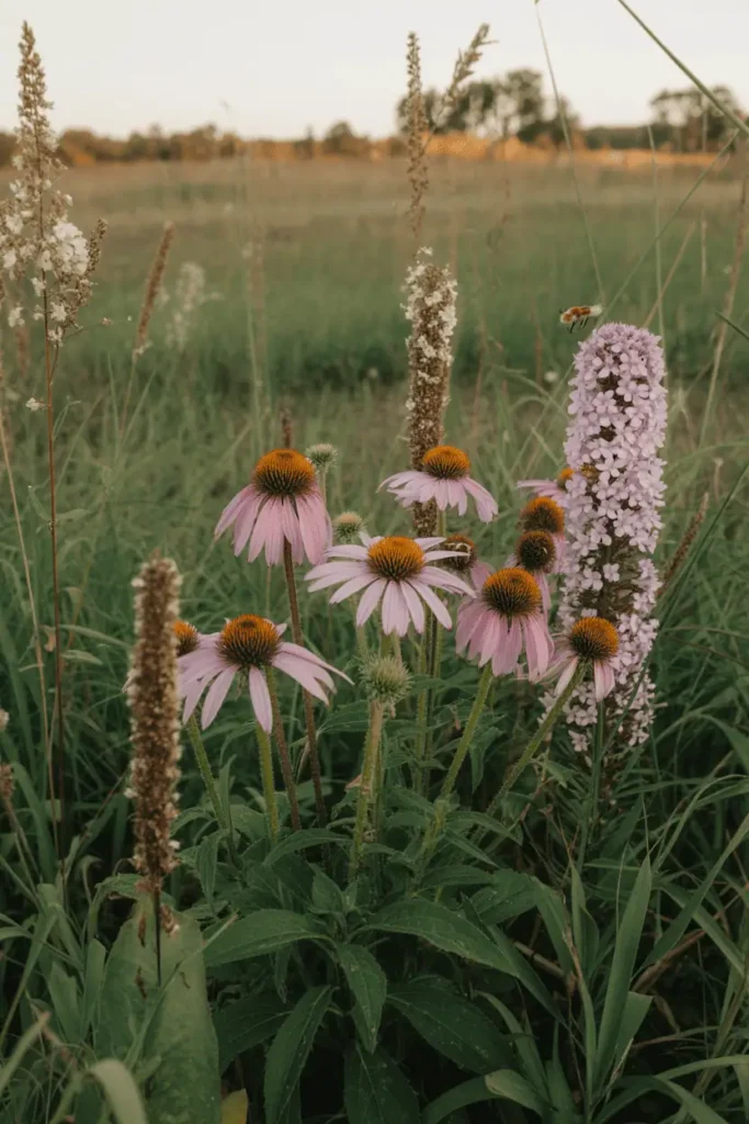 diverse native plants including coneflower and liatris growing together with warm golden-hour garden lighting