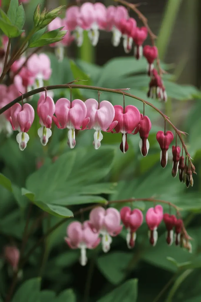 Bleeding heart flowers hanging from arching stems, soft pink heart-shaped blooms, shaded spring garden, romantic realistic photography, no people, no text