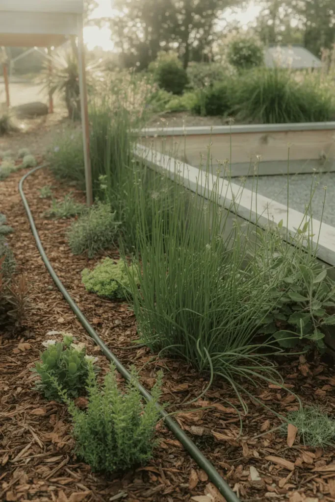 young native perennials in mulched bed with visible drip line under gentle early daylight and soft shadows