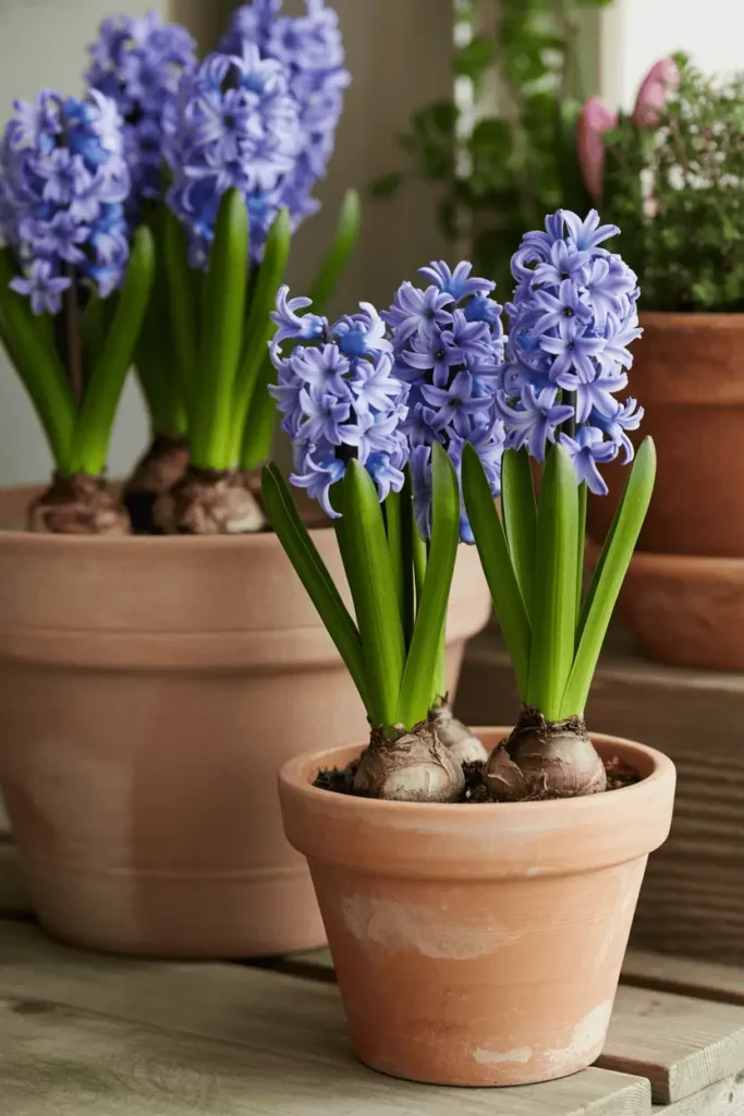 Hyacinths growing in simple terracotta pots on a patio or balcony, compact and upright growth, early spring light, cozy and intentional setting, editorial container garden photography, photorealistic, no people, no text, no logos