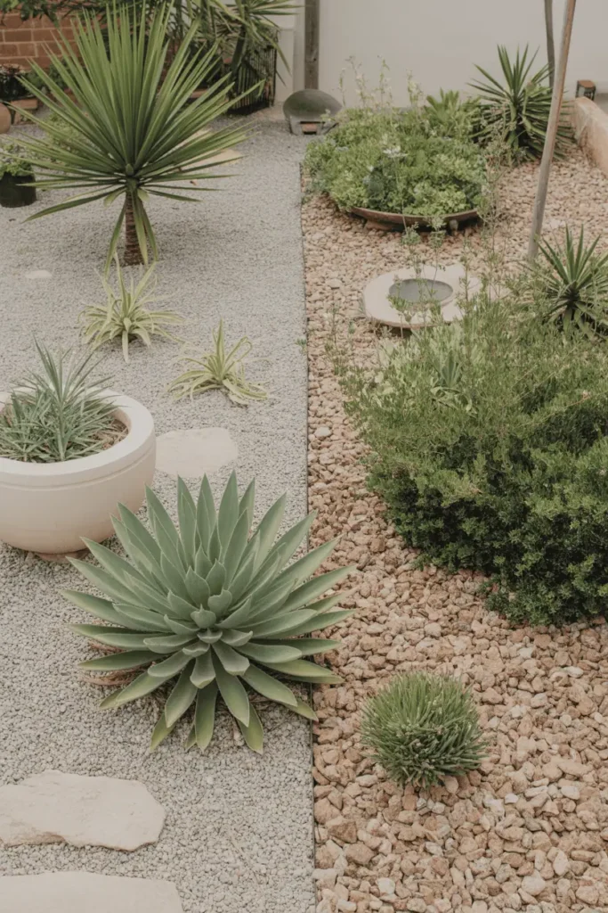 split-style garden scene showing different drought tolerant plant groupings, native-style planting on one side and Mediterranean-style planting on the other, gravel mulch throughout, bright but gentle daylight, educational yet serene visual tone