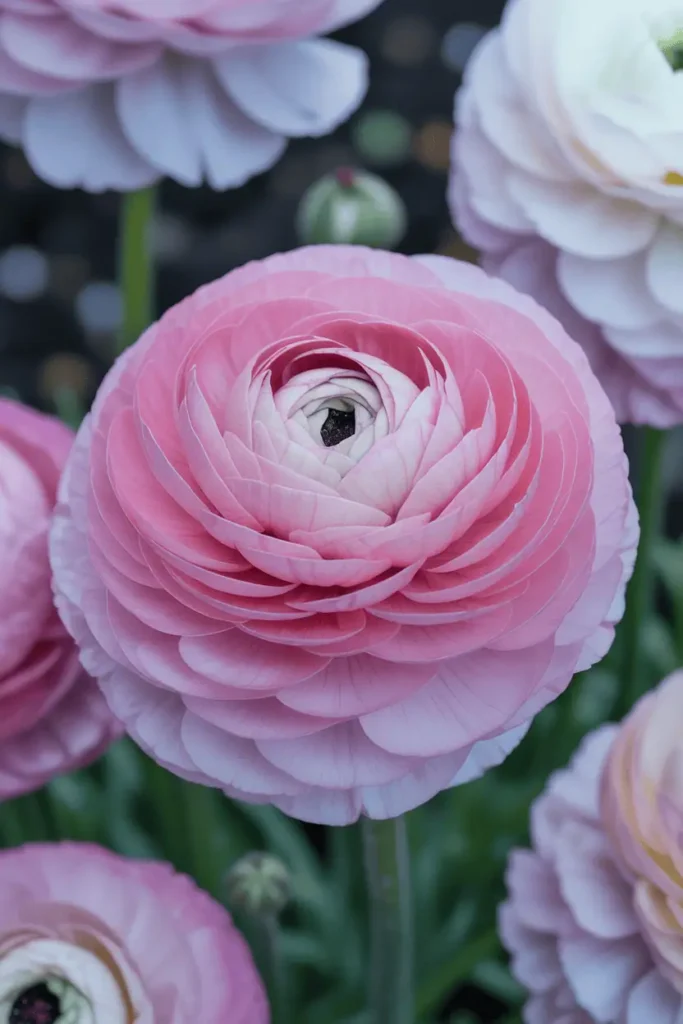Tight spiral of layered tissue-paper pink ranunculus petals resembling miniature roses, fresh spring bloom in cool garden bed, subtle color gradients from blush to deeper rose, romantic cut-flower vibe, vertical 4:5, photorealistic delicacy.