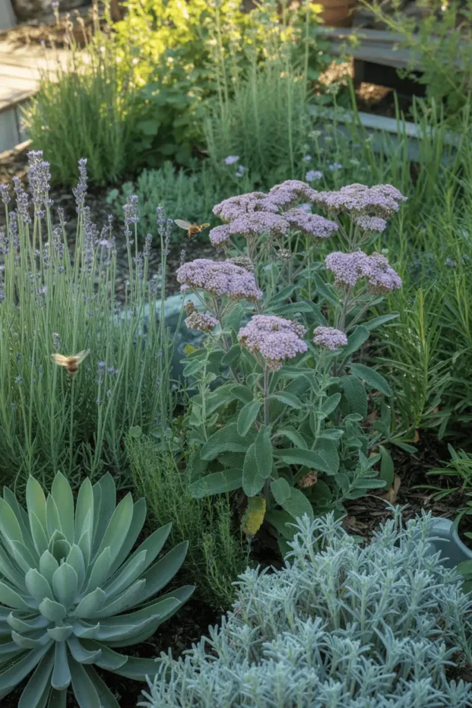 grouped drought-tolerant plants including lavender, yarrow, sedum, and russian sage in full sun, silvery and blue-green foliage, pollinators hovering nearby, warm daylight, calm and natural garden composition, realistic plant-focused photography