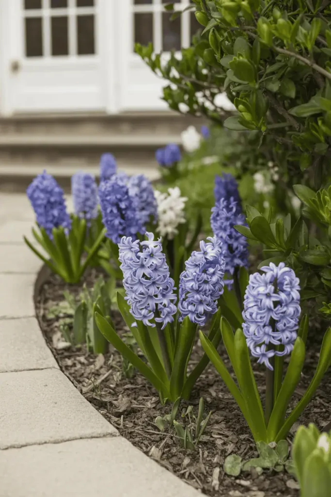 Hyacinths planted along a garden path or border near an entrance, intentional spacing, fresh spring atmosphere, soft natural light, refined garden photography, photorealistic, no people, no text, no logos