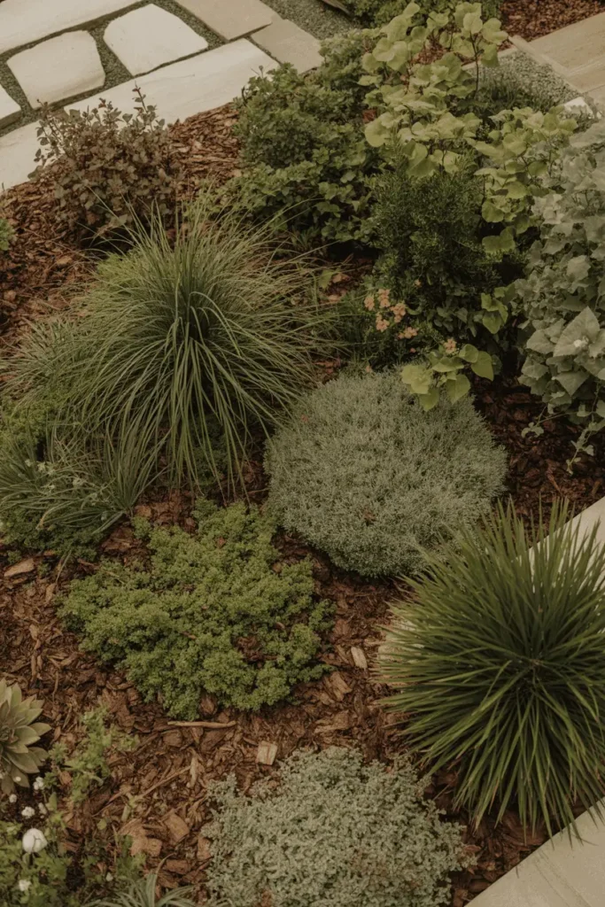 overhead view of layered native plants with shrubs, perennials, and grasses in soft morning light