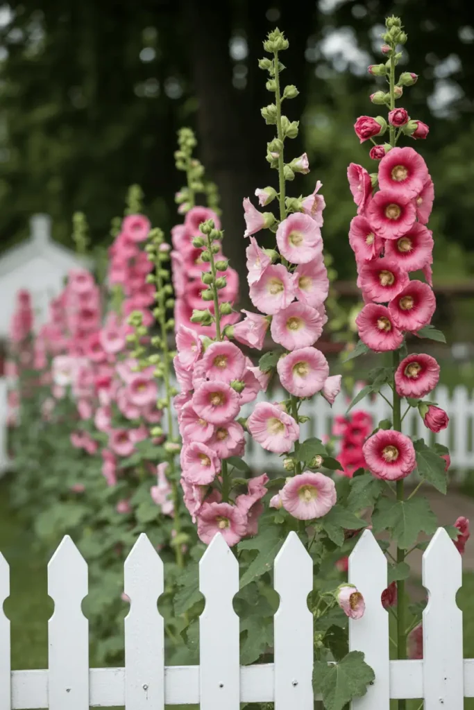 Towering spires of single pink hollyhocks lining a classic white picket fence in cottage garden, stacked cup-shaped blooms ascending stems, soft wind-swayed motion, nostalgic summer romance, vertical composition, detailed vintage photo style.