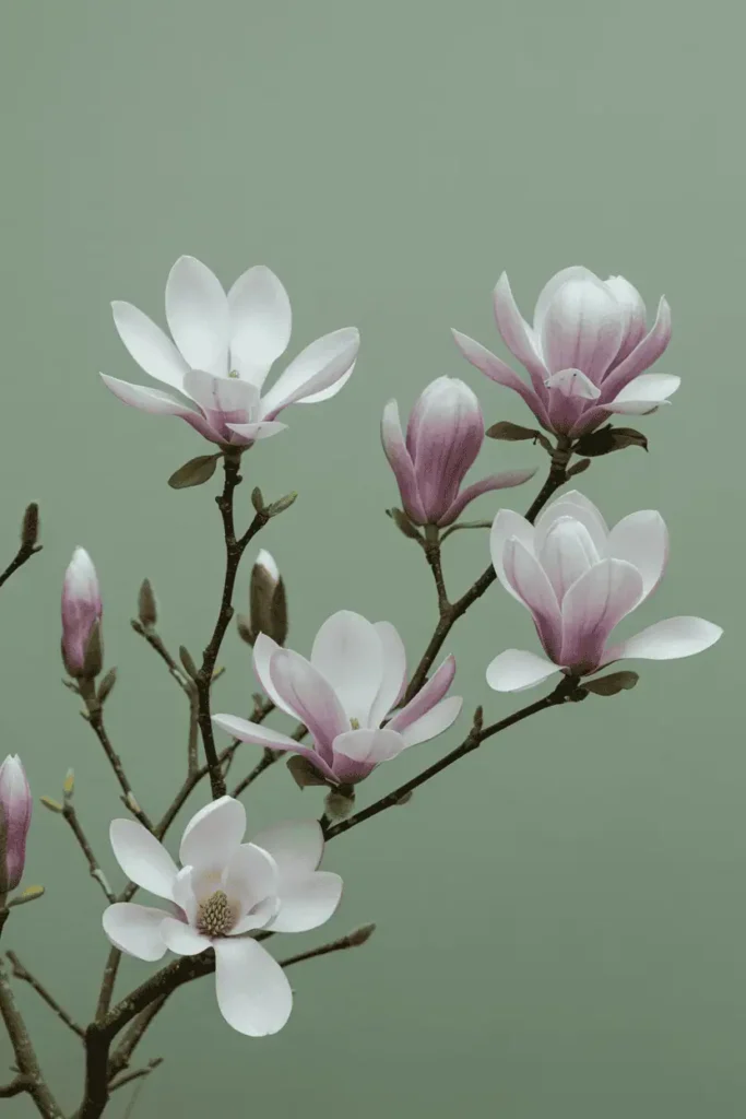 White, blush pink, and soft purple magnolia flowers blooming naturally, muted green background, elegant and minimal color palette, calm spring atmosphere, high-end editorial photography, photorealistic, no people, no text, no logos