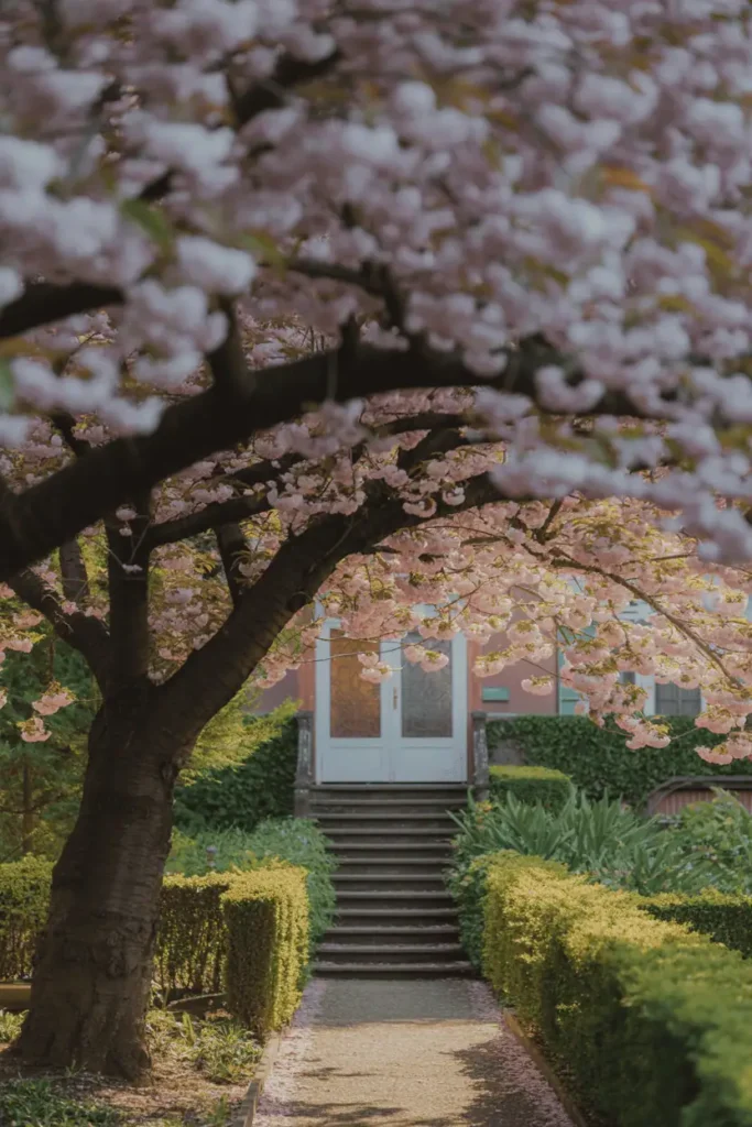 Cherry blossom tree near a garden path or courtyard entrance, petals framing the walkway, inviting and peaceful atmosphere, warm spring sunlight, realistic garden photography, no people, no text, no logos