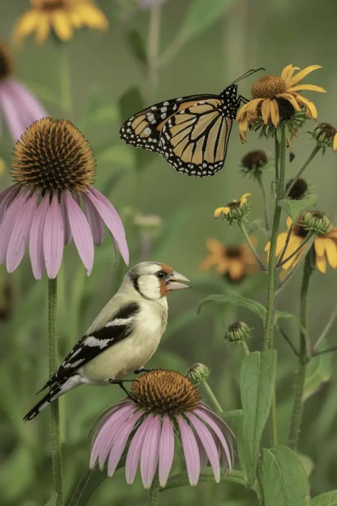 monarch butterfly on butterfly weed beside coneflowers and a goldfinch in warm natural daylight