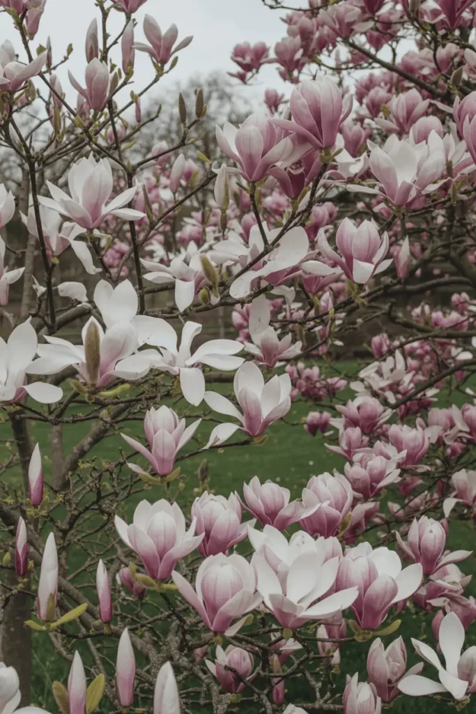 Different magnolia varieties blooming side by side, mix of tree and shrub magnolias, white and pink flowers, balanced spring garden setting, editorial landscape photography, photorealistic, no people, no text, no logos