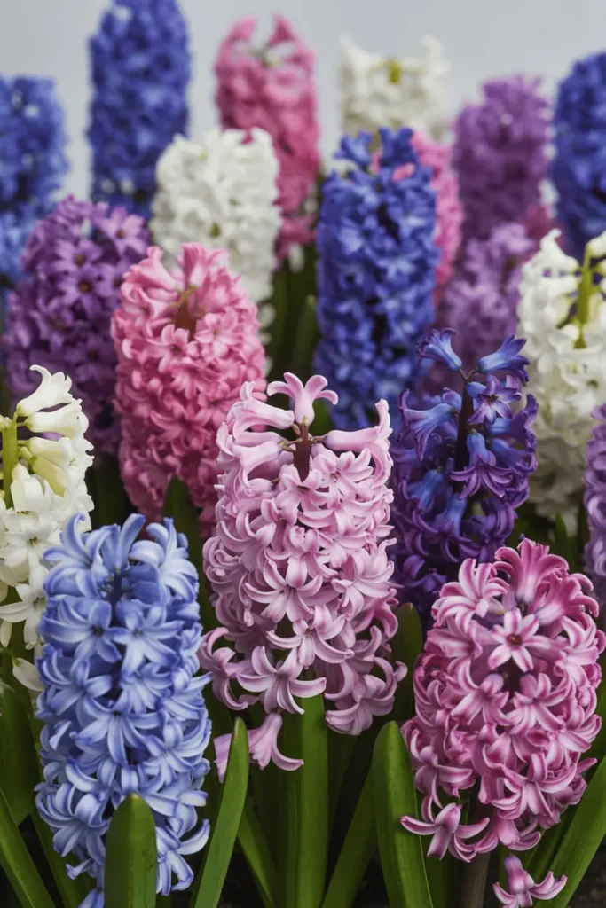 Grouped hyacinths in single-color clusters, blue, pink, purple, and white tones, harmonious color palette, clean garden composition, editorial spring photography, photorealistic, no people, no text, no logos