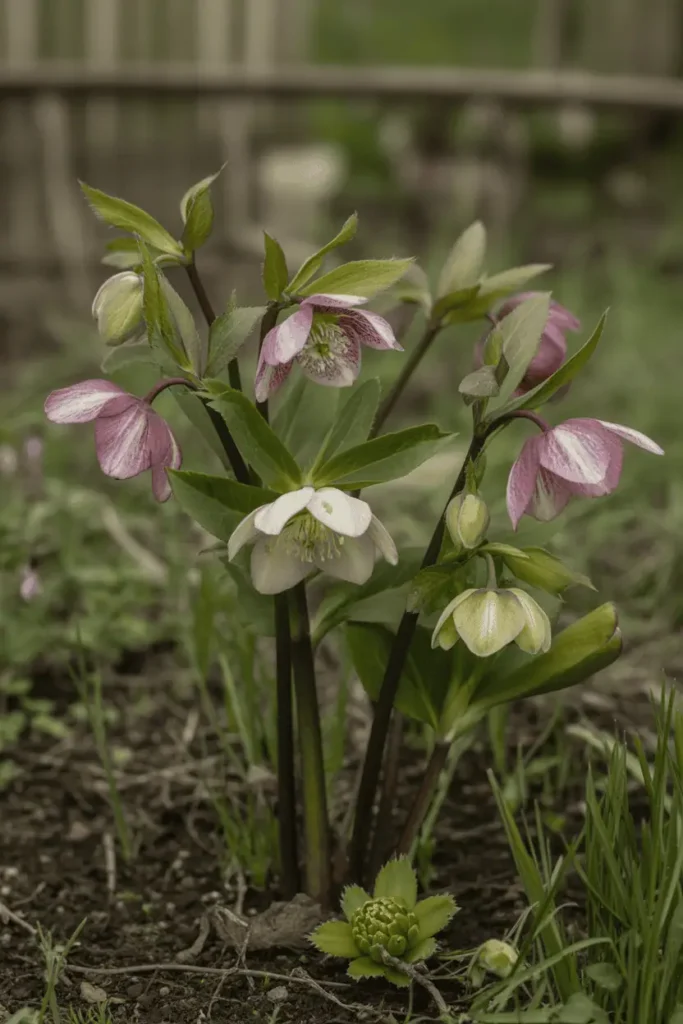 Hellebore flowers blooming in early spring garden, muted earthy tones, elegant downward-facing blooms, soft natural light, realistic botanical photography, no people, no text