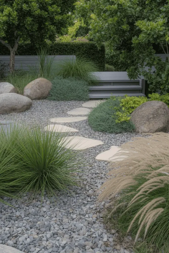 waterwise garden design with layered planting, gravel paths, boulders, and raised berms, ornamental grasses moving lightly in the breeze, soft green and neutral palette, relaxed structure, peaceful outdoor living space, realistic photography