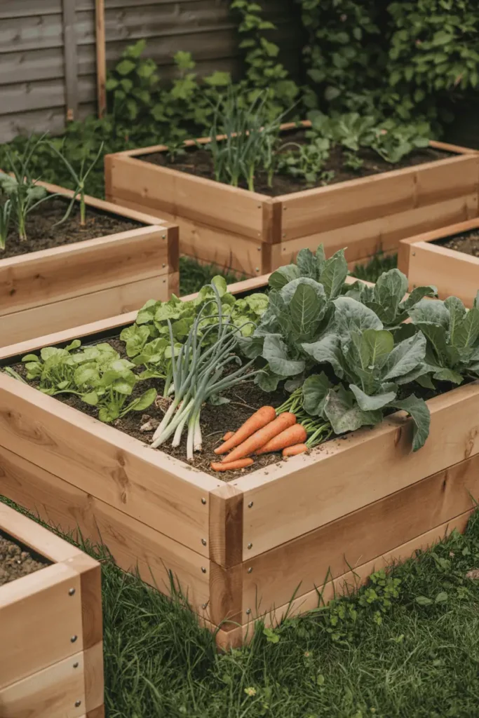 cedar raised garden beds filled with vegetables, visible wood grain, clean edges, healthy soil, gentle sunlight, realistic low-waste garden design