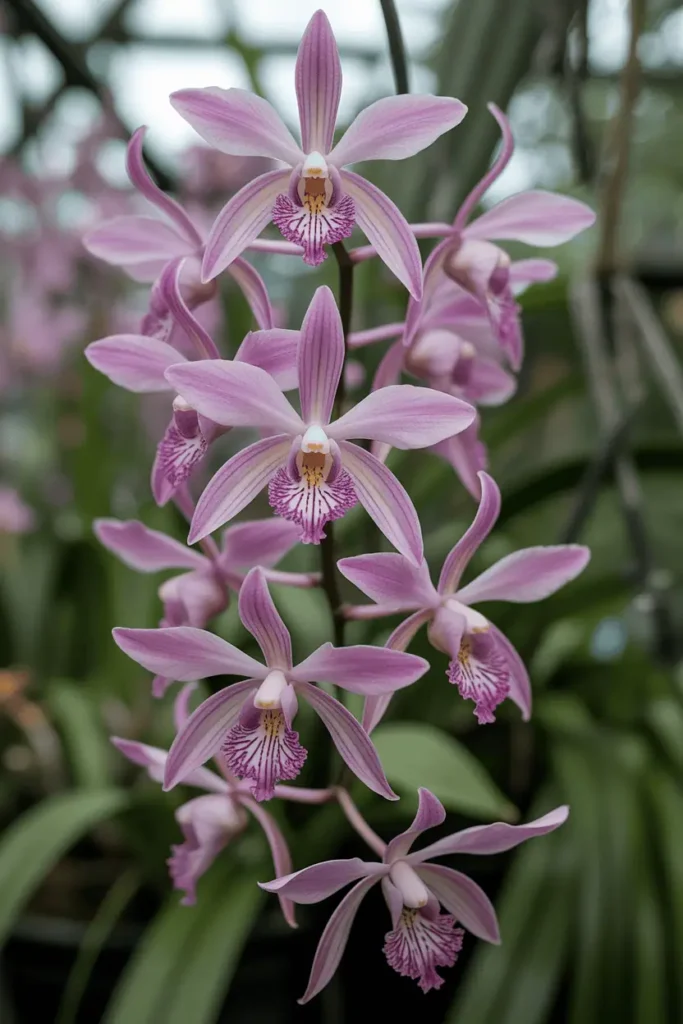 Exotic cluster of elegant pink orchid blooms dangling from slender pseudobulbs, intricate lip petals and fine veining, high-humidity greenhouse mist effect, luxurious romantic sophistication, close-up macro, 1:1 square, ultra-sharp focus.