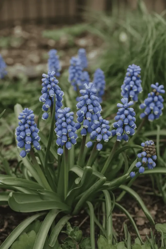 Grape hyacinth flowers forming a carpet of blue blooms in spring garden, fresh green foliage, natural light, realistic close-up photography, no people, no text