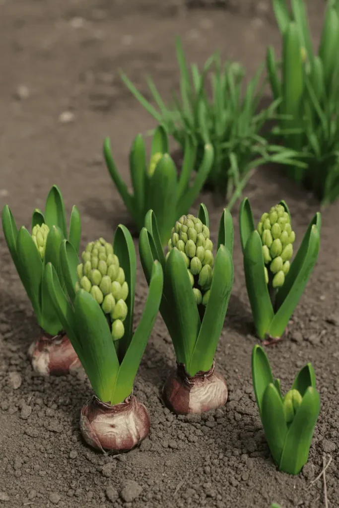 Hyacinth bulbs emerging from soil in early spring, green leaves and flower spikes visible, natural garden bed, calm daylight, realistic garden photography, photorealistic, no people, no text, no logos