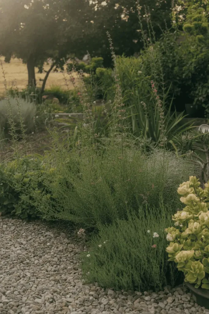 peaceful summer garden scene with well-established drought tolerant plants, subtle signs of maintenance like pruned stems and tidy gravel, warm late-afternoon light, relaxed seasonal garden mood, realistic photography