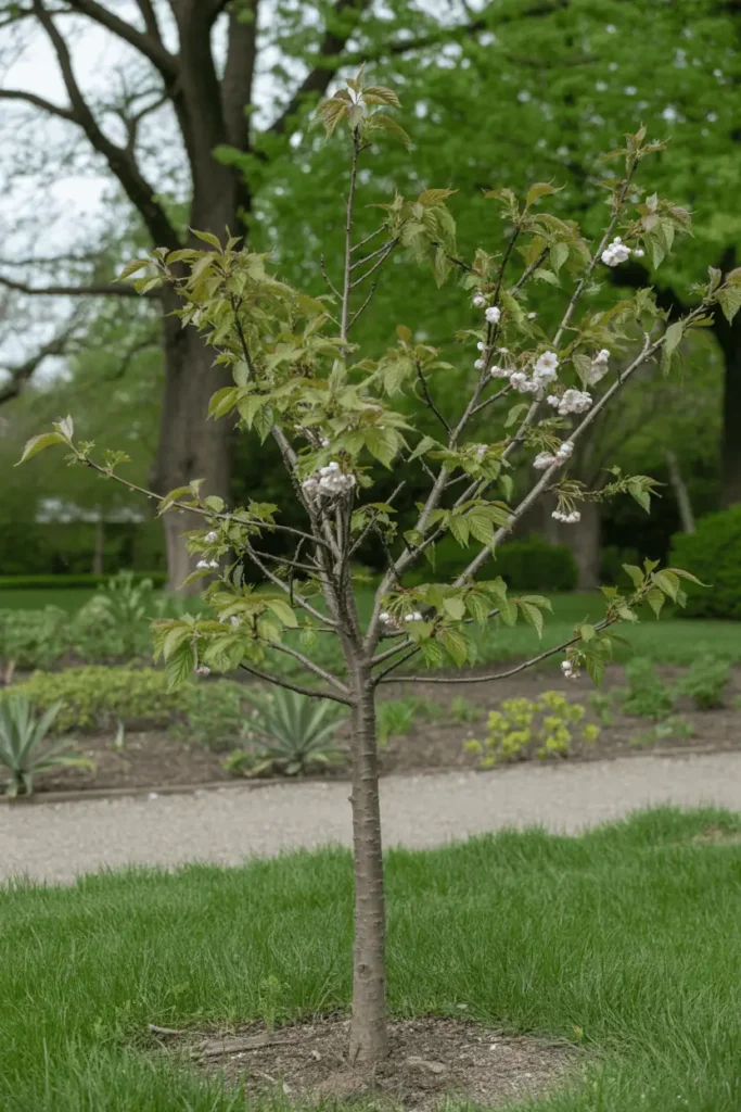 Young cherry blossom tree growing in a garden landscape, visible trunk and branching structure, fresh green leaves and early buds, natural daylight, realistic garden photography, no people, no text, no logos