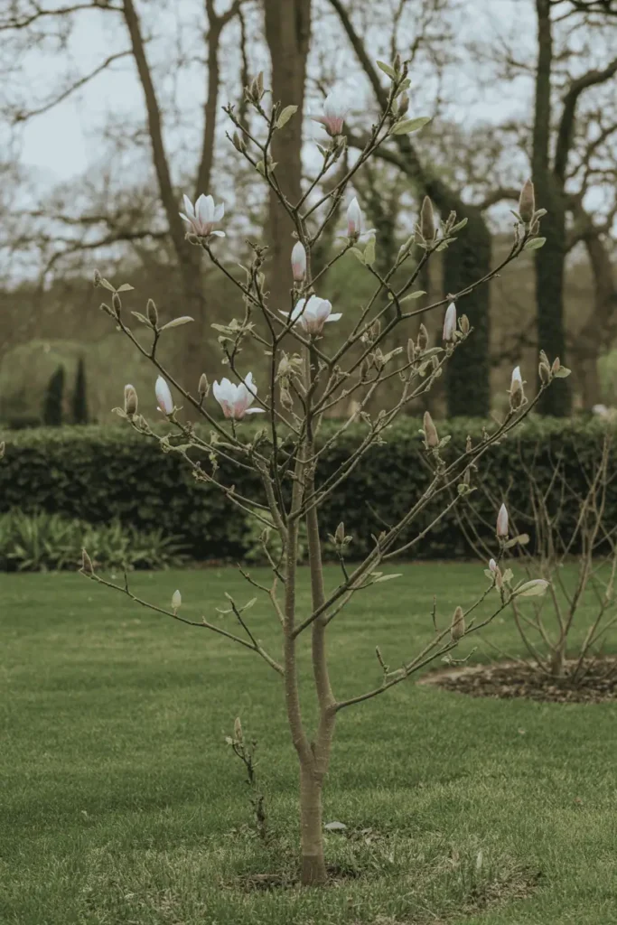 Young magnolia tree growing naturally in a garden setting, visible branching structure, early spring buds and blooms, calm daylight, realistic garden photography, photorealistic, no people, no text, no logos