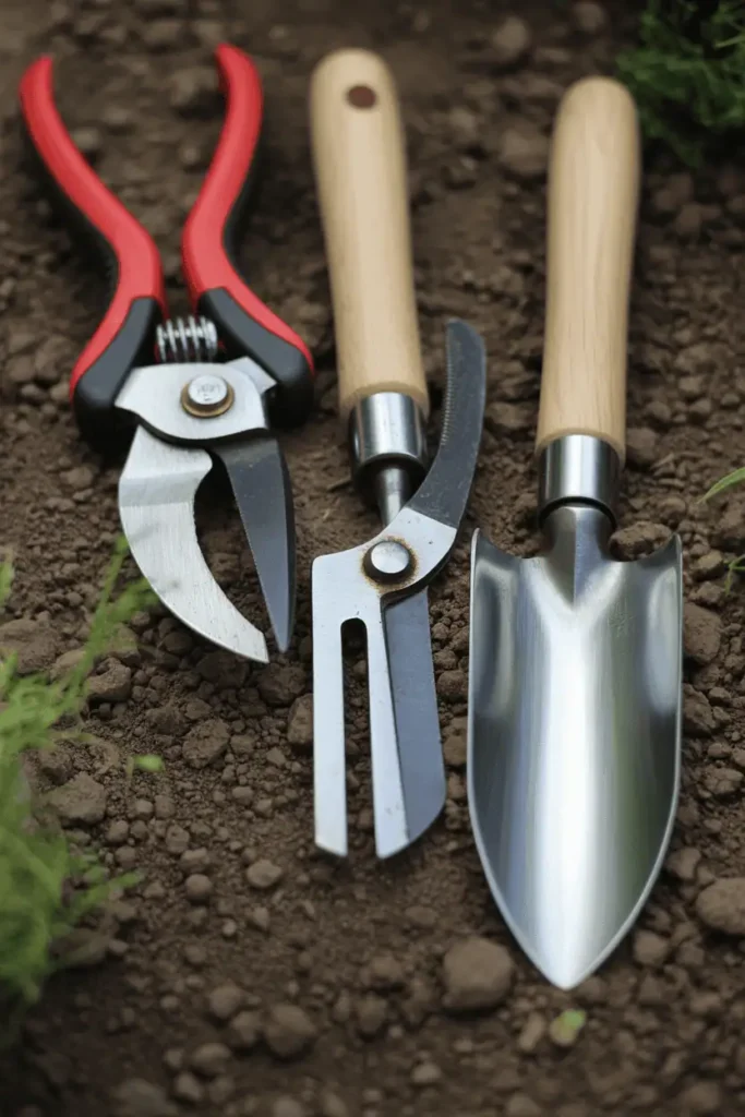 close-up of quality garden tools with steel heads and wooden handles resting on soil, pruners, trowel, and hori-hori visible, soft natural light, tactile and balanced composition