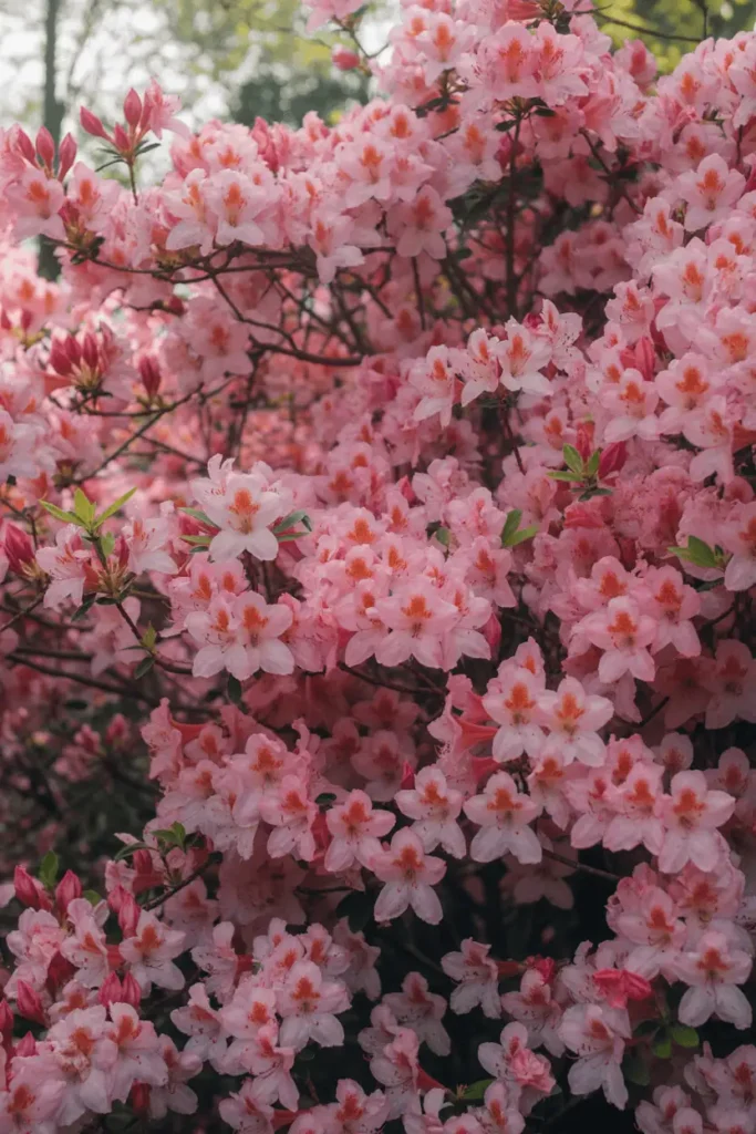Explosive mass of trumpet-shaped pink azalea blooms covering a dense shrub forming a natural floral wall, vibrant spring color burst in dappled shade, dew-kissed petals, romantic privacy hedge aesthetic, wide shot, 16:9 ratio, vivid photorealism.