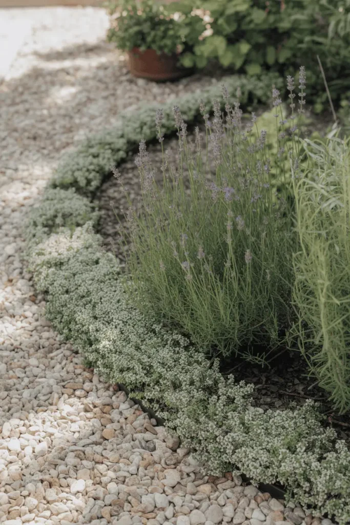 garden bed with pea gravel mulch around lavender and creeping thyme groundcover along a path edge, low-growing plants knitting together, soft sunlight, waterwise detail shot, calm and tidy garden aesthetic