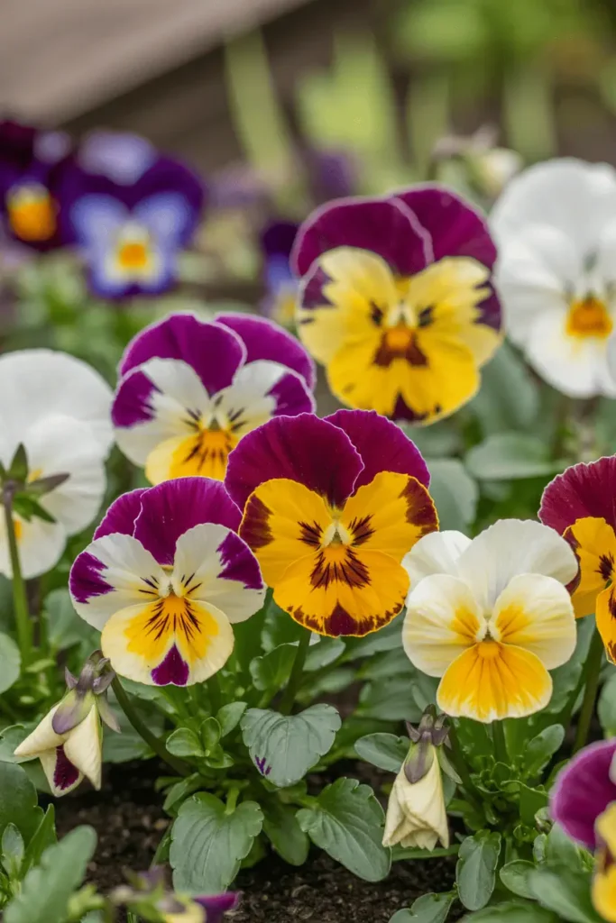 Pansy flowers in spring garden border, rich purple, yellow, and white petals, natural daylight, cheerful realistic photography, shallow depth of field, no people, no text