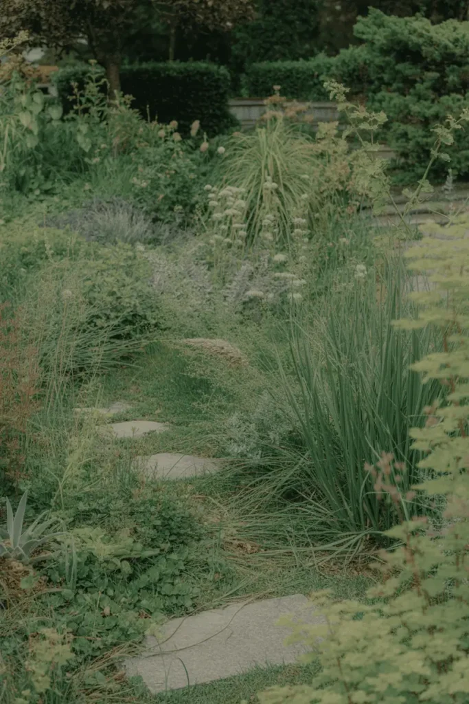 soft untamed garden with overlapping plants and grasses, blurred edges, curved stone path, relaxed natural layout, soft daylight, editorial photography, no people, no logos
