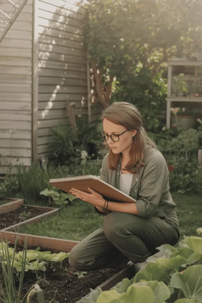 woman checking sunlight in garden with notepad