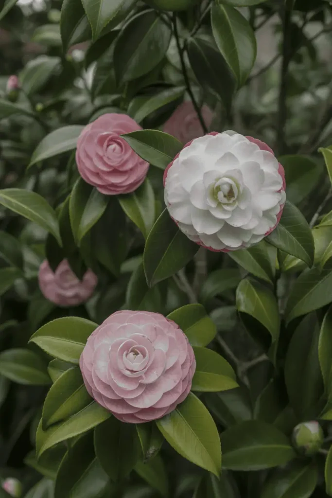 Camellia flowers blooming on glossy green shrubs, elegant white and pink blooms, soft filtered light, refined garden setting, realistic botanical photography, no people, no text