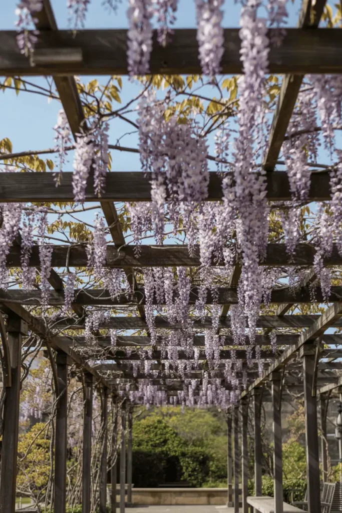 Dramatic long racemes of lavender-pink wisteria hanging from ancient pergola beams, cascading like waterfalls over garden seating area, soft filtered sunlight through blossoms, romantic shaded retreat vibe, wide angle capturing depth, photorealistic, 16:9 landscape.