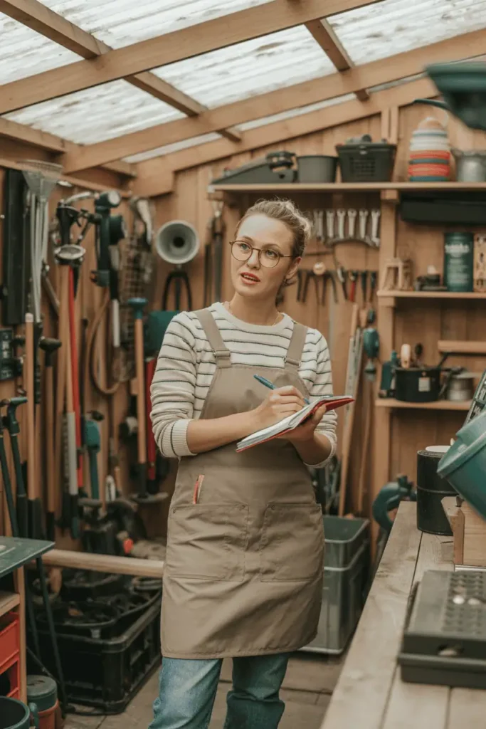 garden shed interior with organized tools, mix of metal, wood, and plastic items visible, gardener holding notebook and pen, warm neutral tones, practical and thoughtful garden setup