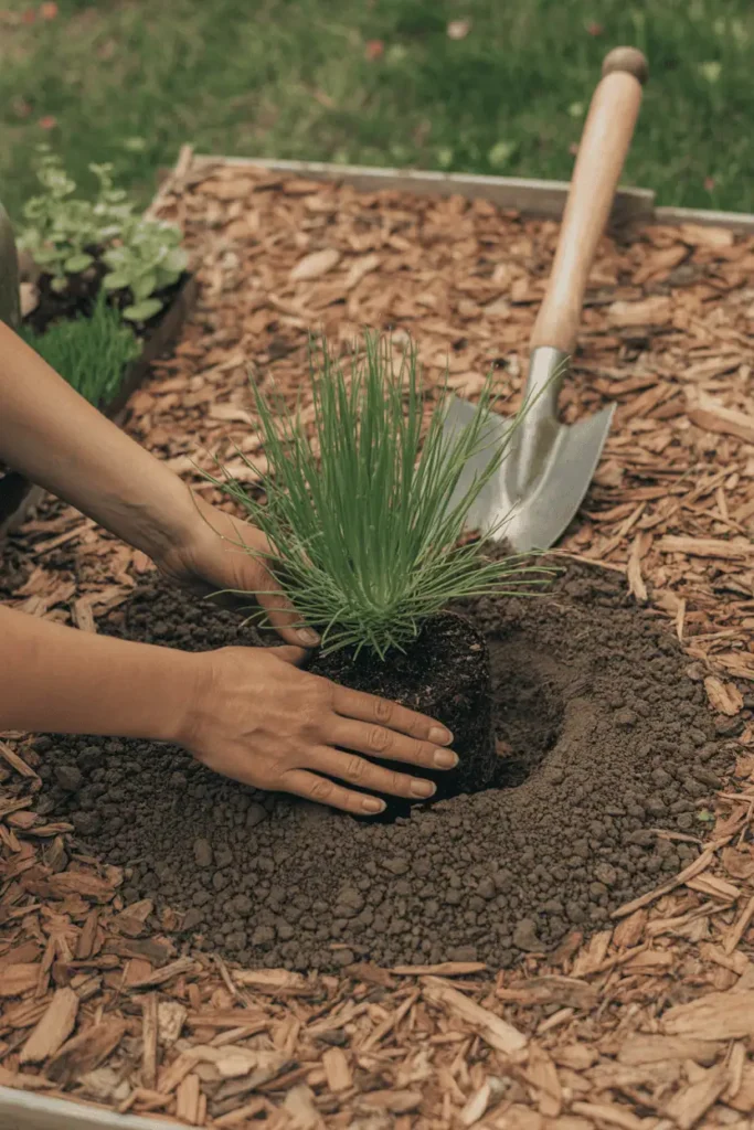 hands planting a drought tolerant perennial at proper depth, crown slightly above soil line, mulch ring forming around plant, simple garden tools nearby, warm natural light, instructional yet calm gardening scene