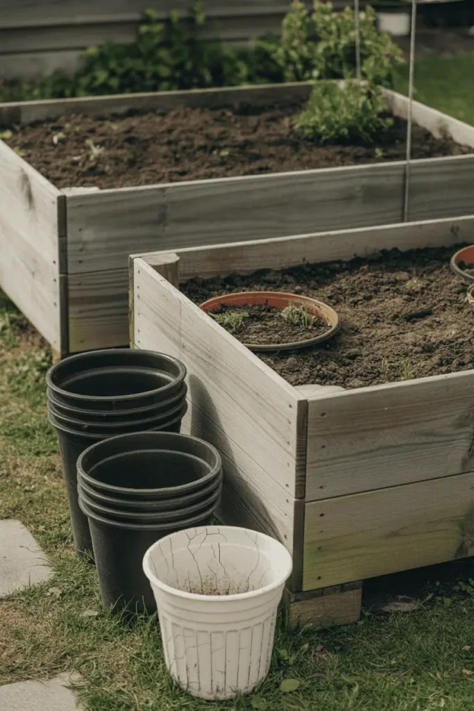 backyard garden with mix of cracked plastic pots set aside and sturdy wooden planters in use, soil beds visible, soft daylight, subtle contrast between disposable and durable materials, realistic home garden scene