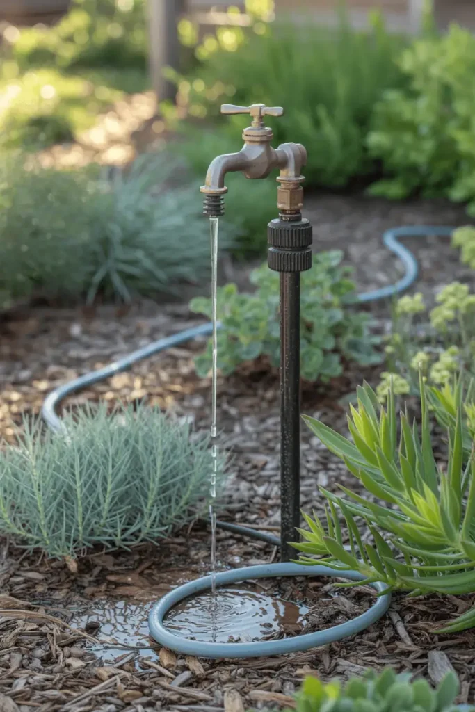 drip irrigation lines running through drought tolerant plants, hose-end timer attached to outdoor spigot, water slowly soaking into mulch, soft morning light, waterwise garden design, realistic outdoor photography with calm sustainable mood