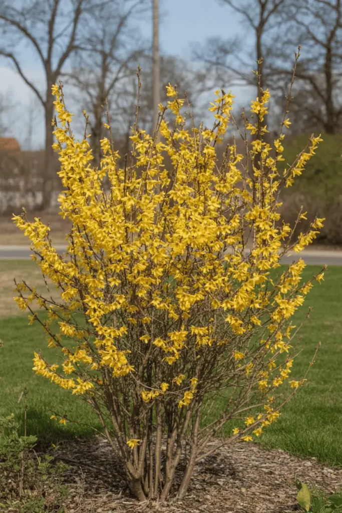 Forsythia shrub in full bloom, bright yellow flowers covering bare branches, early spring garden landscape, natural sunlight, realistic outdoor photography, no people, no text