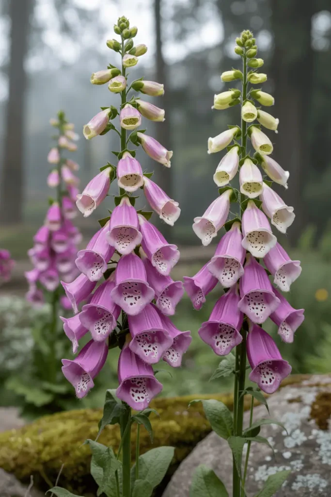 Upright-facing pink foxglove bells with spotted interiors clustered on tall spikes, whimsical woodland fairy garden setting with mossy rocks, soft diffused light, romantic enchantment, square format, hyper-detailed petals and textures.
